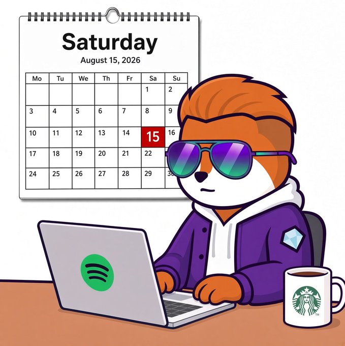 Cartoon illustration of an orange fox character wearing purple sunglasses and a hoodie, working on a Spotify-branded laptop with a Starbucks coffee mug, in front of a calendar highlighting Saturday, August 15, 2026.