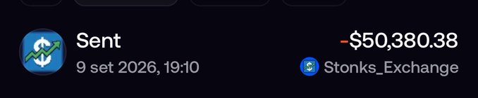 A dark-themed digital wallet transaction screenshot shows a sent payment of '-$50,380.38' to 'Stonks_Exchange' dated '9 set 2026, 19:10'.