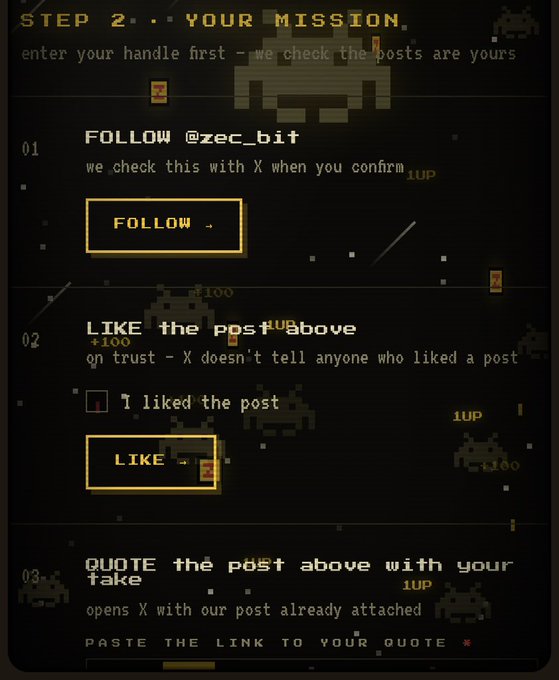 The image shows a pixel-art themed mission checklist for an NFT whitelist campaign by @zec_bit, with steps to follow @zec_bit, like a post, and quote it with a take. It visually corresponds to the post by displaying the social engagement tasks required to qualify for the Zcash NFT whitelist.
