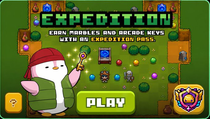 A pixel-art style game screen advertises an 'EXPEDITION' mode to 'EARN MARBLES AND ARCADE KEYS WITH AN EXPEDITION PASS,' featuring a penguin character holding a key and a 'PLAY' button.
