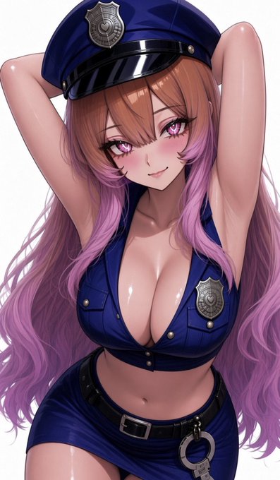 An anime-style illustration of a woman with purple hair wearing a blue police uniform.
