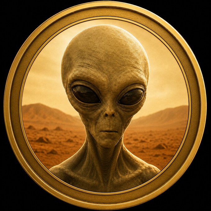 An AI-generated artwork of a grey alien with large black eyes in a gold circular frame, set against a Martian desert landscape.