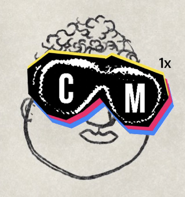 Illustration of a person's face with curly hair wearing ski goggles labeled 'CM' in CMYK colors (cyan, magenta, yellow, and black outlines), with '1x' in the corner.
