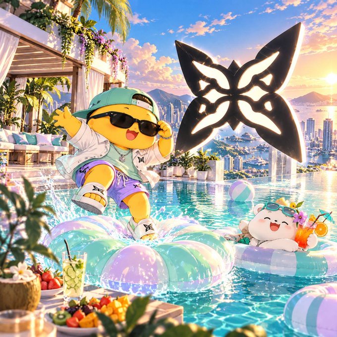 A vibrant digital artwork features a cute yellow character wearing sunglasses and a green cap sitting by a luxurious pool, with a butterfly logo, a small bear character in the water, and a stunning ocean view with a sunset.