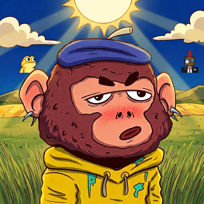 A digital illustration of a cartoon monkey wearing a blue beret and yellow hoodie in a grassy field under a sun, with small frog and pixel-art characters in the background.