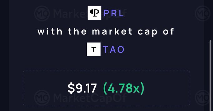 A dark-themed graphic showing that PRL has the market cap of TAO, with a value of $9.17 (4.78x).