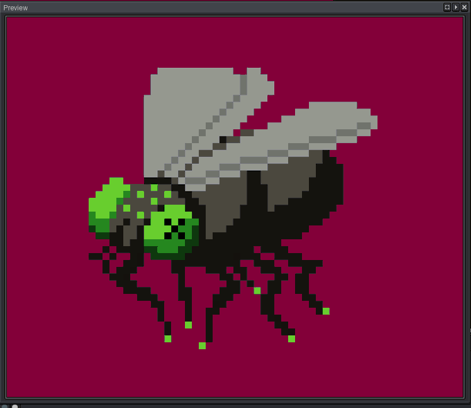 A pixel art image of a fly with green eyes and translucent gray wings set against a dark red background.