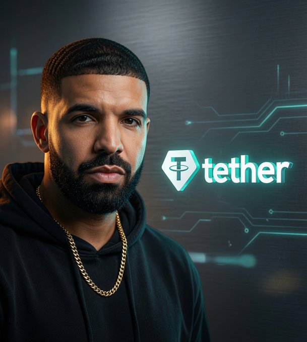 Drake, wearing a black hoodie and gold chain, stands pensively beside a glowing "tether" logo against a dark tech-themed background with circuit-like patterns. The image visually accompanies news of his $1.5 million USDT loss on the FIFA World Cup final bet, pairing his contemplative expression with the cryptocurrency branding tied to the wager.