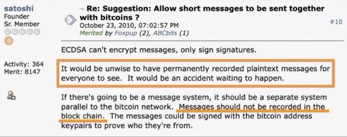 A screenshot of a Bitcointalk forum post by user 'satoshi' from October 23, 2010, with highlighted text arguing against permanently recording plaintext messages in the block chain.