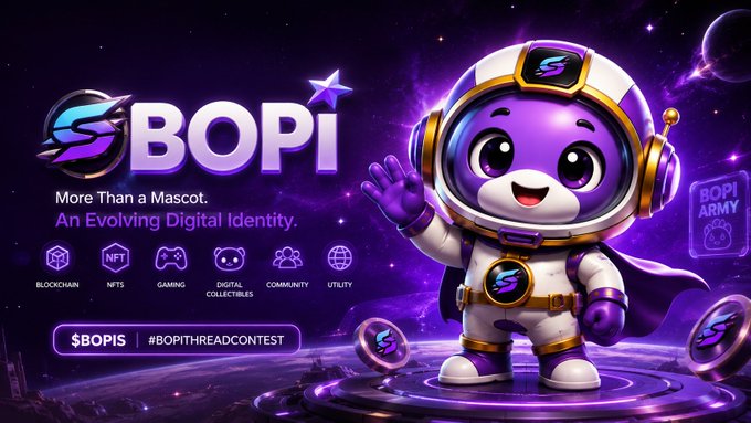 Promotional artwork for 'BOPI', described as 'More Than a Mascot. An Evolving Digital Identity.', featuring a cute purple astronaut mascot against a space background with icons for blockchain, NFTs, and gaming.