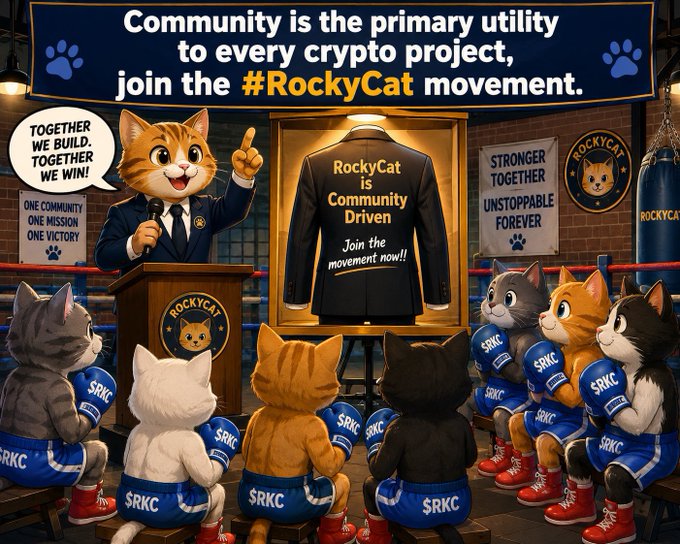 A cartoon promotional image for '#RockyCat' crypto project shows a cat in a suit at a podium addressing an audience of cats wearing '$RKC' shirts, with banners reading 'Community is the primary utility to every crypto project, join the #RockyCat movement.'