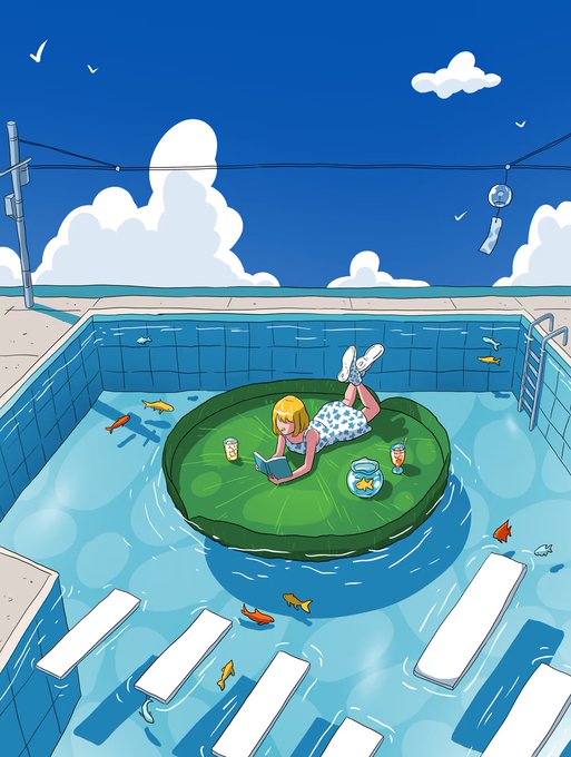 Anime-style illustration of a blonde girl in a polka-dot swimsuit lounging on a green lily pad in a tiled pool, reading a book next to a fishbowl, with goldfish swimming around her.