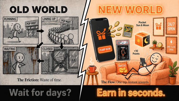 The image shows two different versions of a poster for a product called "pump box". The left side of the poster features an old world scene with people running, while the right side displays a modern scene where someone is sitting on a couch using their phone. The poster emphasizes that the traditional model of chasing limited drops can be exhausting and time-consuming, whereas the new approach allows users to jump in and enjoy collecting without waiting for drops.