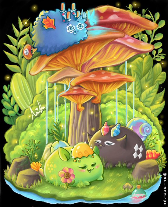 A colorful digital illustration featuring a blue fuzzy creature, large orange mushrooms, a small green plant creature, and a dark cat-like creature in a whimsical forest setting, signed by the artist.