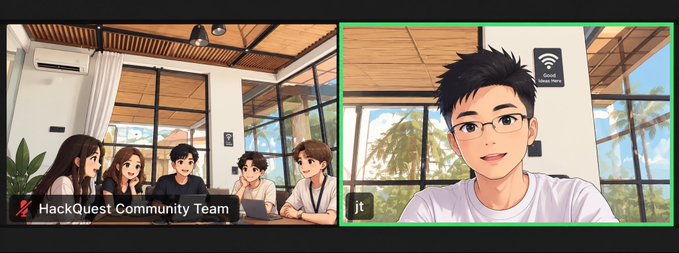 A split-screen image showing 'HackQuest Community Team' with anime-style characters on the left and a labeled 'jt' animated character on the right.