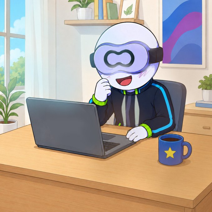 The image features a cartoon character sitting at a desk with a laptop computer open in front of them. The character appears to be wearing a black jacket and glasses, giving off a cool and relaxed vibe. A cup of coffee sits next to the laptop on the desk, suggesting that the character is enjoying their work or taking a break for some caffeine. The background includes a window overlooking a garden, adding a touch of nature to the scene. The image also contains text that reads "Yooo, it' s Friday night vibe: coffee, some quiet time, and a little dive into @get_optimum". This post seems to be promoting a decentralized memory layer for Web3, which is an interesting concept related to blockchain technology.