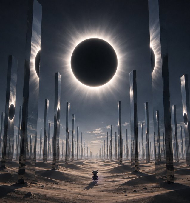 A surreal fantasy artwork depicting a small dark figure standing in a desert landscape surrounded by tall mirrored pillars, with multiple solar eclipses visible in the sky.