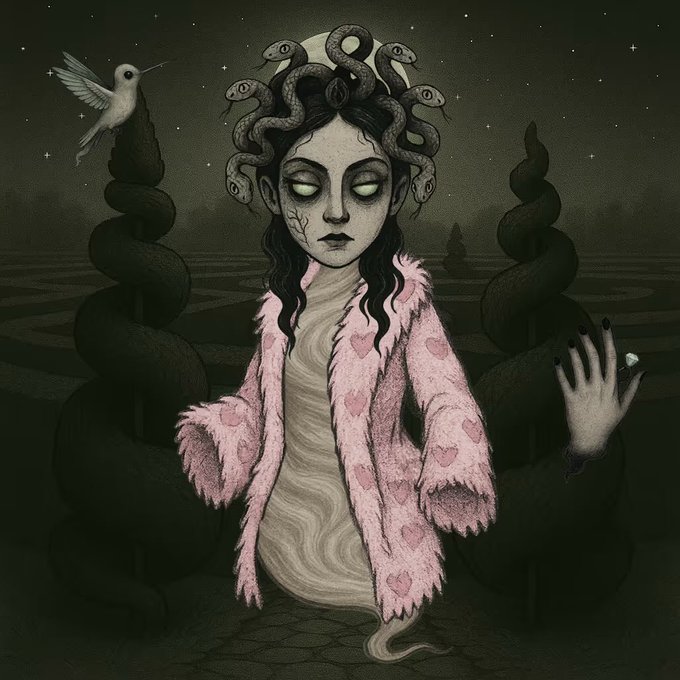 A dark, surreal illustration depicts a pale figure with snakes for hair, closed eyes, and cracked skin, wearing a pink heart-patterned coat, with a small hummingbird flying near them in a starry, shadowy landscape.