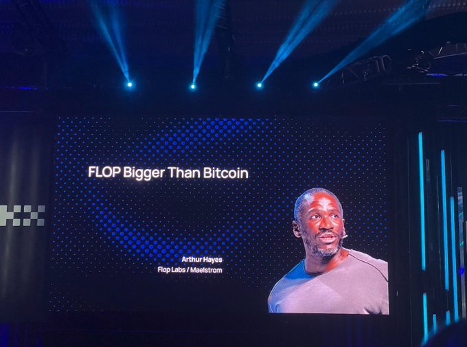 A presentation slide displays 'FLOP Bigger Than Bitcoin' by Arthur Hayes from Flop Labs / Maelstrom, featuring his photo.