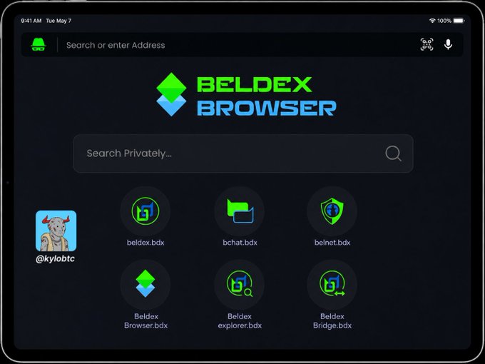 A screenshot of the Beldex Browser interface displayed on a tablet, showing a private search bar and shortcuts to .bdx domain sites including beldex.bdx, bchat.bdx, beinet.bdx, Beldex Browser.bdx, Beldex explorer.bdx, and Beldex Bridge.bdx, with an account labeled '@kylobtc'.