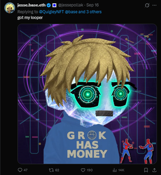 The image is a social media post by @jesse.base.eth quoting @QuigleyNFT about buying a "Looper" NFT, featuring a digital avatar with glowing green eyes wearing a blue shirt that reads "GROK HAS MONEY," accompanied by Spider-Man figures against a purple circuit-style background. The post promotes the Looper collection on OpenSea, highlighting it as the first agent NFT project on Base utilizing ERC-721T and ERC-8048 standards.