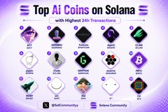 'Top AI Coins on Solana with Highest 24h Transactions' infographic displaying various AI-related meme coin logos, credited to @GoPlusCommunity and Solana Community.