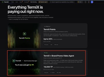 A TermiX platform screenshot highlighting promotions for 'TermiX Points' with up to 20% bonus and 'TermiX x Brand Promo Video Agent' offering 16,000 TP.