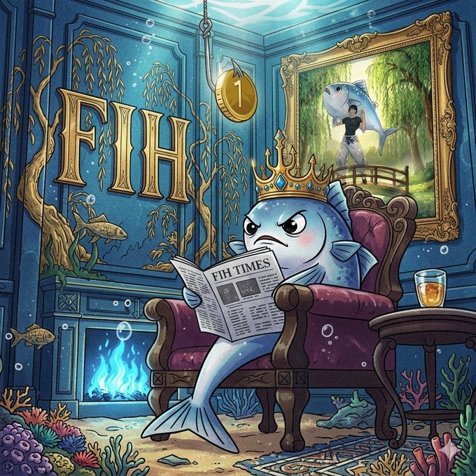 Whimsical illustration of an angry crowned fish reading the 'FIH TIMES' newspaper in an armchair, with a large 'FIH' coin on the wall and a framed painting of a fish-man.