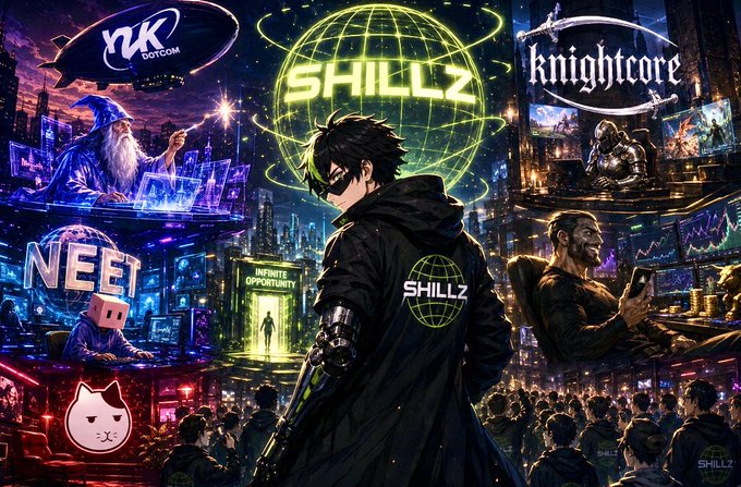 A vibrant, anime-style promotional collage featuring logos for "NK DOTCOM," "SHILLZ," and "Knightcore," alongside illustrations of characters, a wizard, a person at a computer, and a cat, with the text "INFINITE OPPORTUNITY" and "NEET" visible in a cyberpunk city setting.