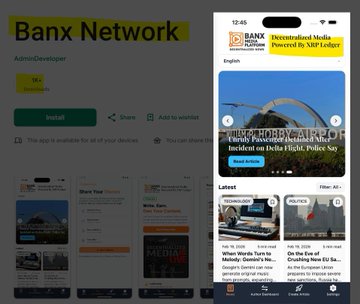 A Google Play Store listing shows the "Banx Network" app as "Powered By XRP Ledger," highlighting its integration with the XRP blockchain. The image promotes BXE Token, the decentralized media platform now available as a Chrome extension and mobile app.