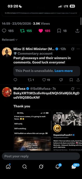 Screenshot of a social media feed from September 23, 2026, showing posts from Mizu Mini Minister and Mufasa about giveaways, crypto addresses, and a Web3 reward.