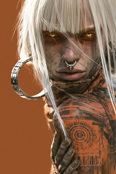 A stylized portrait of a striking figure with platinum blonde hair, piercing orange eyes, and dirt-smudged skin stares intensely at the viewer, complemented by a silver nose ring and large metallic ear hoop. Intricate tribal-style tattoos cover their shoulder and hand, set against a warm orange backdrop that echoes the fiery gaze. The edgy, cyberpunk-inspired artwork aligns with the post's inclusive "Everyone is welcome" sentiment under the hashtag #QTGaze, blending bold self-expression with a futuristic aesthetic.