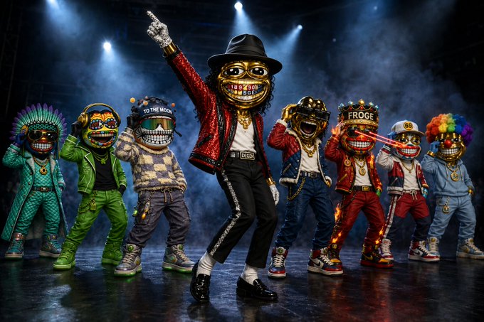A group of eight cartoonish, grinning character mascots dressed in flashy streetwear posing on a stage under spotlights, with one character in a red sequined jacket and Michael Jackson-style gold glove in the center.