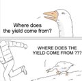 The image shows a meme featuring a goose walking away from a person lying face-down in the snow, with the text "Where does the yield come from?" repeated twice—first calmly, then with increasing frustration ("????"). This humorously illustrates the post's central question about investigating the source of yield in the upcoming XRPL Lending Protocol before lending funds.