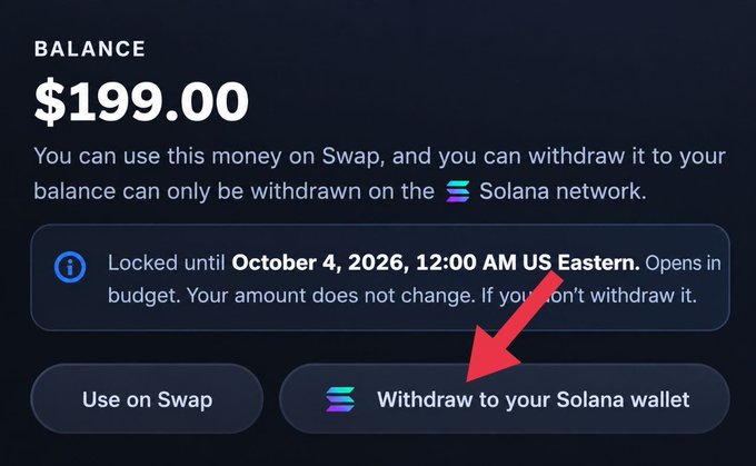 A digital wallet balance screen showing $199.00, with a red arrow highlighting the 'Withdraw to your Solana wallet' button and a note that funds are locked until October 4, 2026.