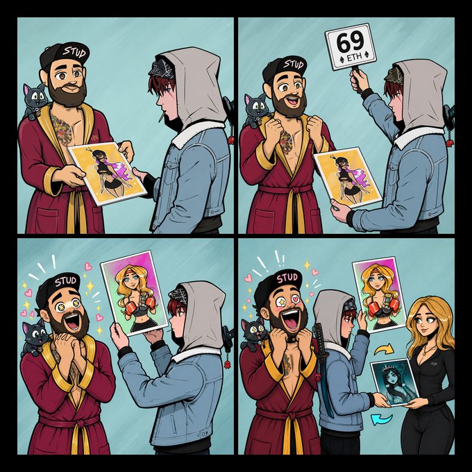 Four-panel comic strip featuring two male characters (one in a maroon robe with a cat and 'STUD' cap, another in a hoodie) trading artwork, including an anime-style girl print valued at '69 ETH'.