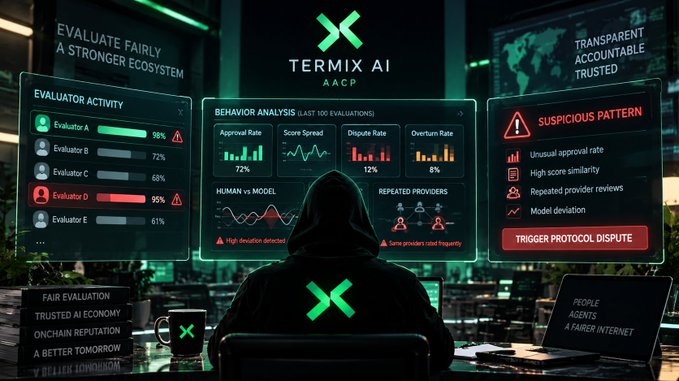 A promotional graphic for 'TERMIX AI' featuring a hooded figure facing multiple digital dashboards displaying evaluator activity, behavior analysis, and suspicious pattern detection metrics.