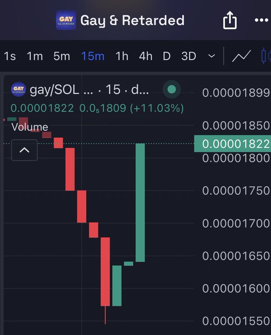 A crypto trading chart titled 'Gay & Retarded' showing the gay/SOL trading pair with a candlestick graph displaying an 11.03% increase, priced at approximately 0.00001822.