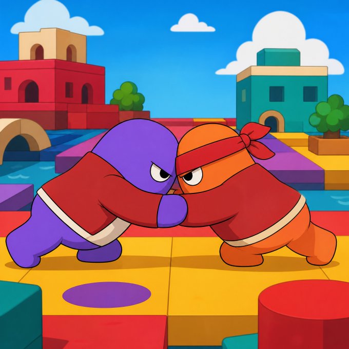 A colorful cartoon illustration of two characters (one purple, one orange) in a sumo-style wrestling stance on a colorful platform with buildings in the background.