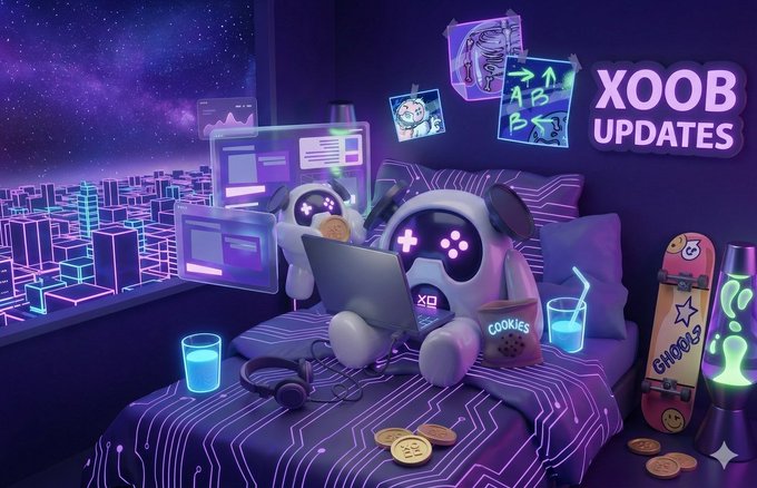 The image features a cartoon character sitting on a bed with a laptop, surrounded by various objects such as a cup of coffee, a cookie, and a skateboard. The background shows a cityscape with neon lights, giving the scene an urban feel. The caption for the image reads "Happy Sunday champ @XOOBNetwork makes contribution visible and growth measurable. Stay bullish on @wallchain". This suggests that the character is likely promoting a brand or product related to gaming or technology, possibly a gaming company like XOB.