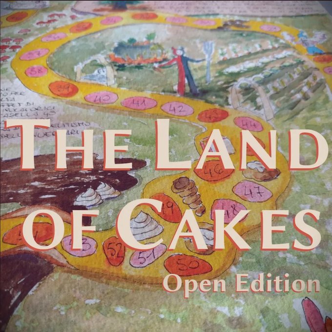 Cover image titled "THE LAND OF CAKES Open Edition" over a hand-painted map illustration with numbered colored stones winding through landscapes and seashell illustrations.