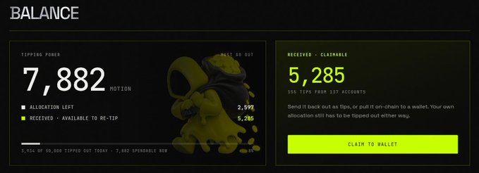 A "Balance" dashboard for the tipping service @tipmotion showing a Tipping Power of 7,882 $MOTION, with 2,997 allocation left and 5,285 available to re-tip from 155 accounts, illustrating the post's advice to check your balance before tipping.