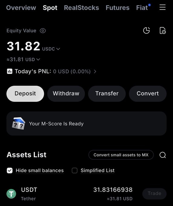 The image shows a phone screen displaying information about an asset management system called "MEXC" (Microsoft Excel Trading Exchange). The screen has a list of assets, including small balances that can be converted into cash or used for trading. The user's account balance is displayed in US dollars and the current exchange rate between the US dollar and the Euro is shown. The post also mentions the hashtag #MEXC on Twitter, indicating its popularity among users.