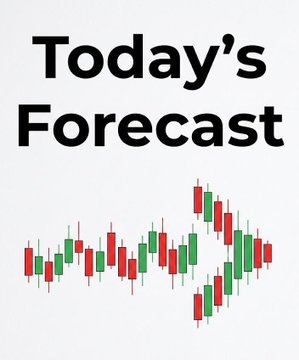 Square graphic featuring the text 'Today's Forecast' above a row of red and green candlestick charts on a white background.
