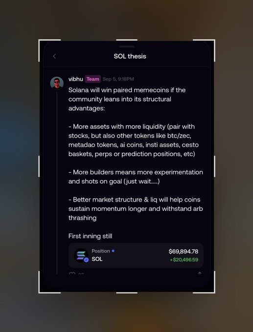 A Slack screenshot titled "SOL thesis" from vibhu on Sep 5 outlines Solana's structural advantages for winning memecoins, highlighting more liquid asset pairings, increased builder activity, and better market structure/liquidity. The post shows a $69,894.78 SOL position up +$20,496.59, visually reinforcing the "aping into memecoin" debate by pairing bullish Solana fundamentals with an active position.