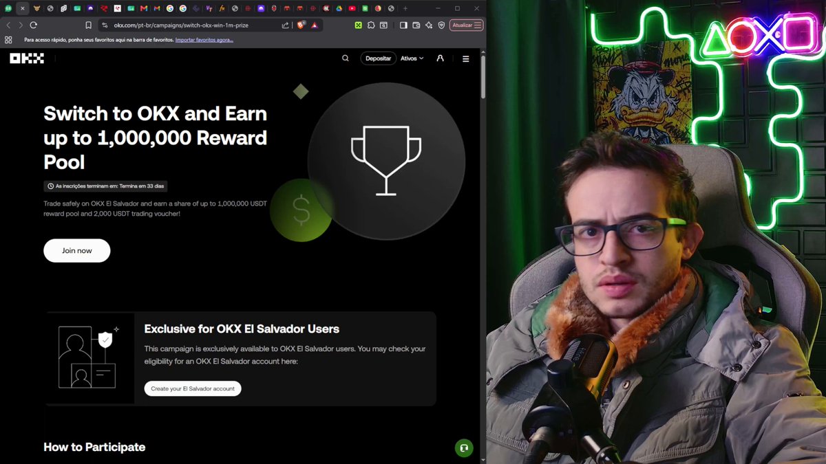The image shows a man sitting in front of his computer screen, which displays a website for Okx. The website has an advertisement that reads "Switch to OKX and Earn up to 1,000,000 reward Pool". The man appears to be watching or interacting with this advertisement on the screen.
