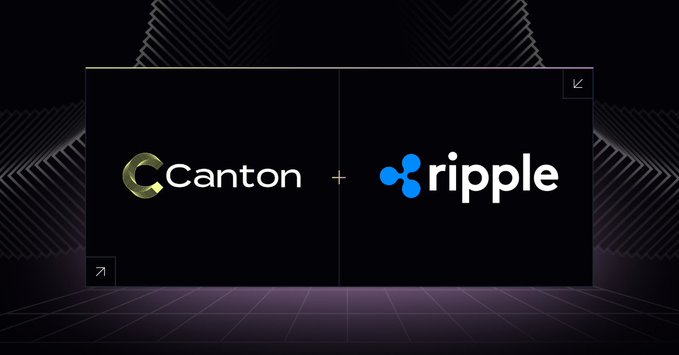 The image displays a partnership announcement graphic featuring the "Canton" logo (with a gold-toned emblem) and the "ripple" logo (with its iconic blue symbol) separated by a plus sign, set against a dark background with subtle geometric patterns, visually representing the integration of Ripple Custody with the Canton Network as announced in the post.