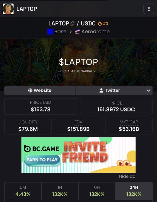 A crypto token tracker page for $LAPTOP/USDC on Base via Aerodrome, showing a price of $153.78, liquidity of $79.6M, FDV of $151.89B, and market cap of $53.16B with a 'Reclaim the Narrative' banner.