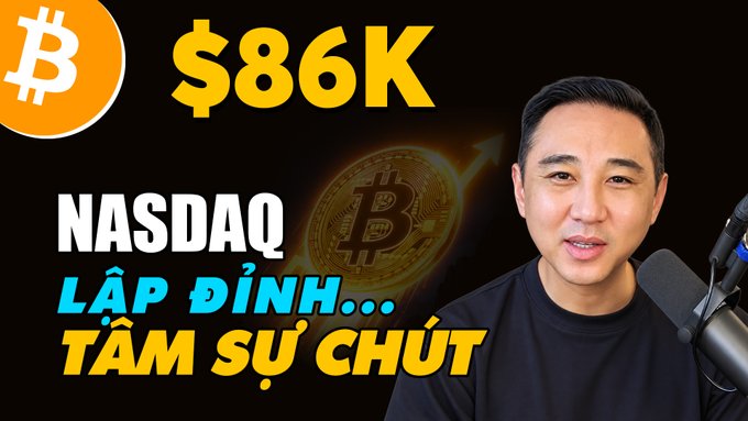 A man speaks into a microphone in a YouTube thumbnail featuring Bitcoin imagery and the text '$86K NASDAQ LẬP ĐỈNH... TÂM SỰ CHÚT'.