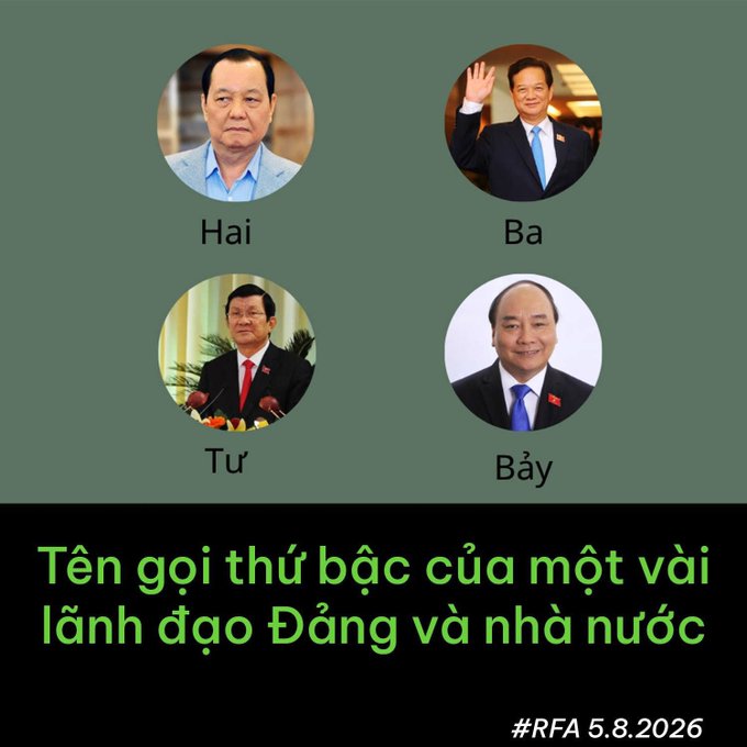 The image displays four circular portraits of Vietnamese leaders labeled "Hai," "Ba," "Tư," and "Bảy" (Vietnamese ordinal numbers for second, third, fourth, and seventh), with text reading "Tên gọi thứ bậc của một vài lãnh đạo Đảng và nhà nước" (Rank titles of some Party and State leaders) and a hashtag "#RFA 5.8.2026."

This appears to reference a satirical post about Vietnamese leadership titles, potentially tying into the "#tothemoon" caption as commentary on political rankings or aspirations.